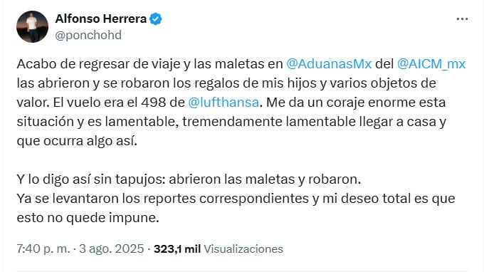 Alfonso Herrera denuncia robo en el AICM