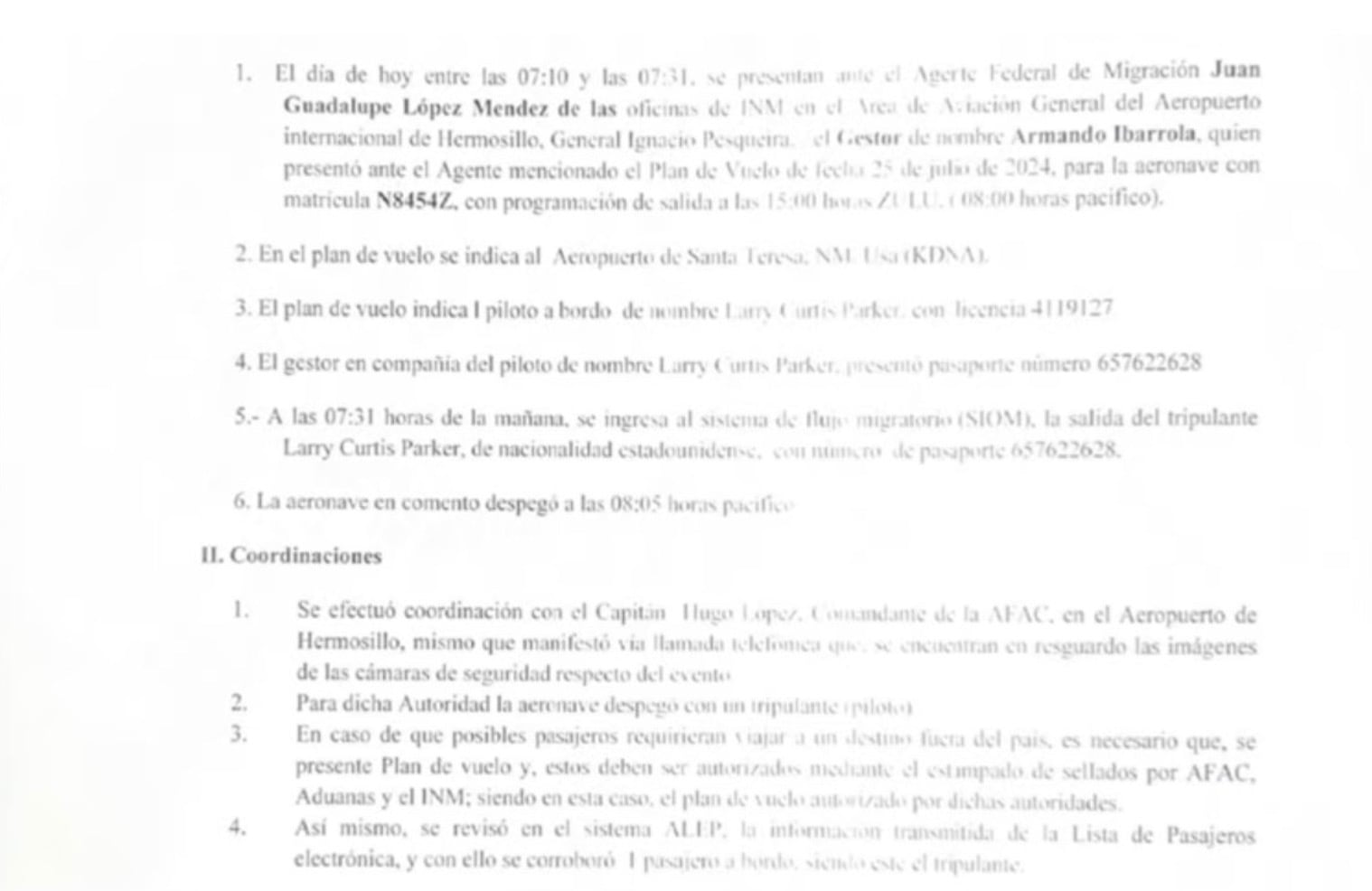 Plan de vuelo de aeronave que habría trasladado a El Mayo Zambada y Joaquín Guzmán López