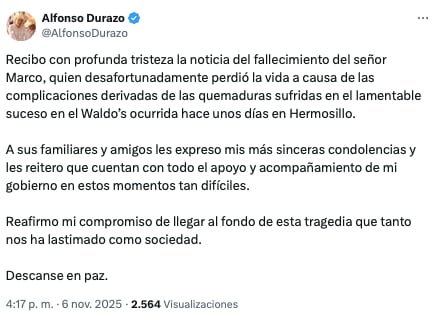 Alfonso Durazo anuncia la muerte de Marco Segundo, víctima de la explosión de Waldo's Hermosillo