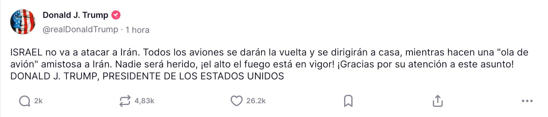 Publicación de Donald Trump sobre guerra entre Israel e Irán