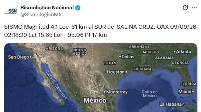 Sismo hoy miércoles 9 de septiembre de 2026 en México: Temblor de 4.1 remece Salina Cruz, Oaxaca