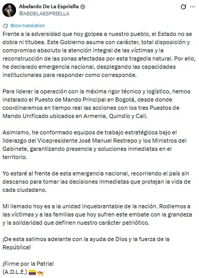 Abelardo de la Espriella declara emergencia nacional por terremoto en Colombia