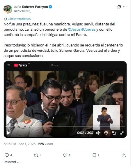 “Vulgar y servil”: estalla crítica por comentario sobre Sheinbaum y Scherer