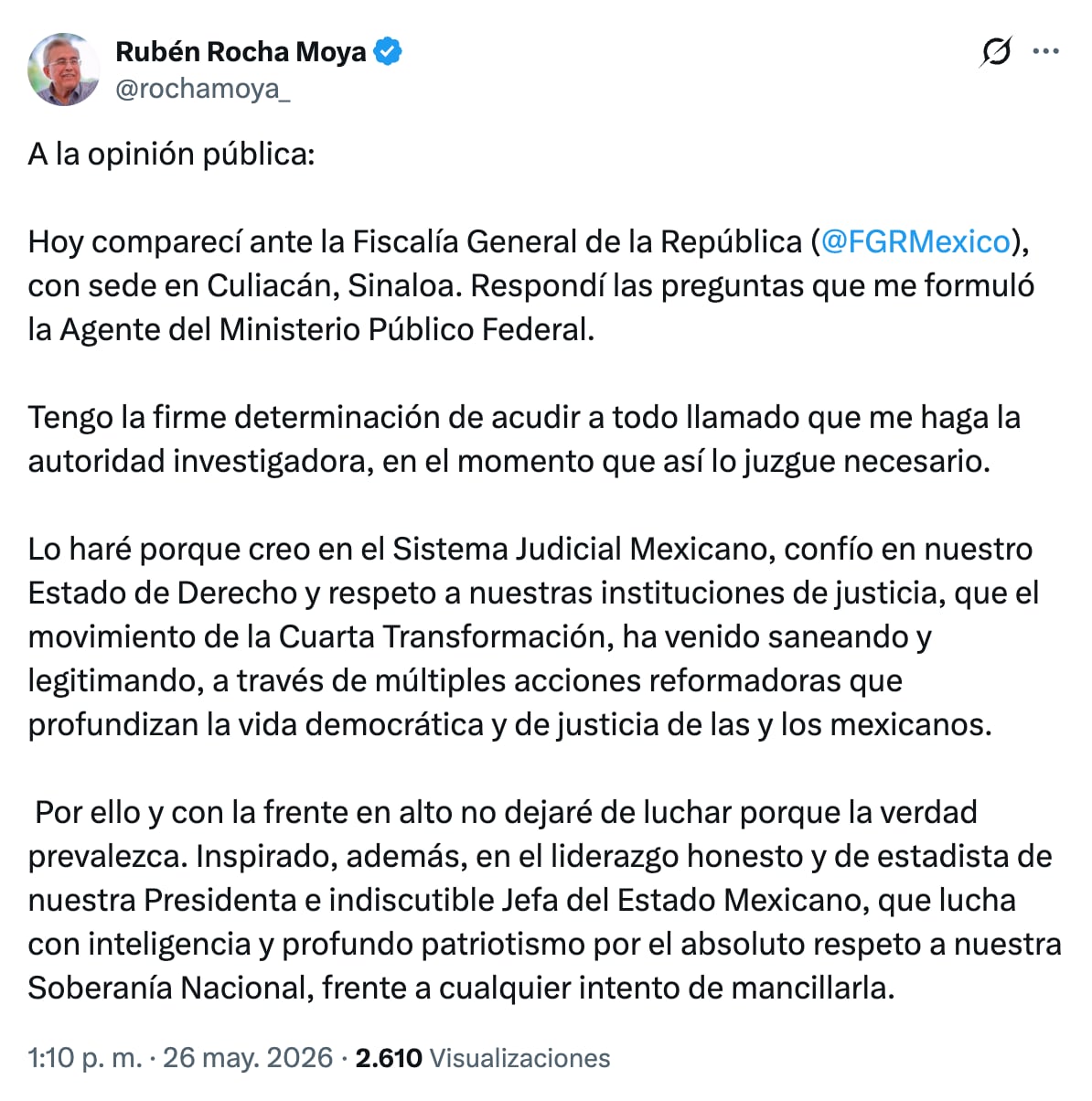 Rubén Rocha Moya comparece ante la FGR de Sinaloa tras acusaciones de nexos con el narcotráfico