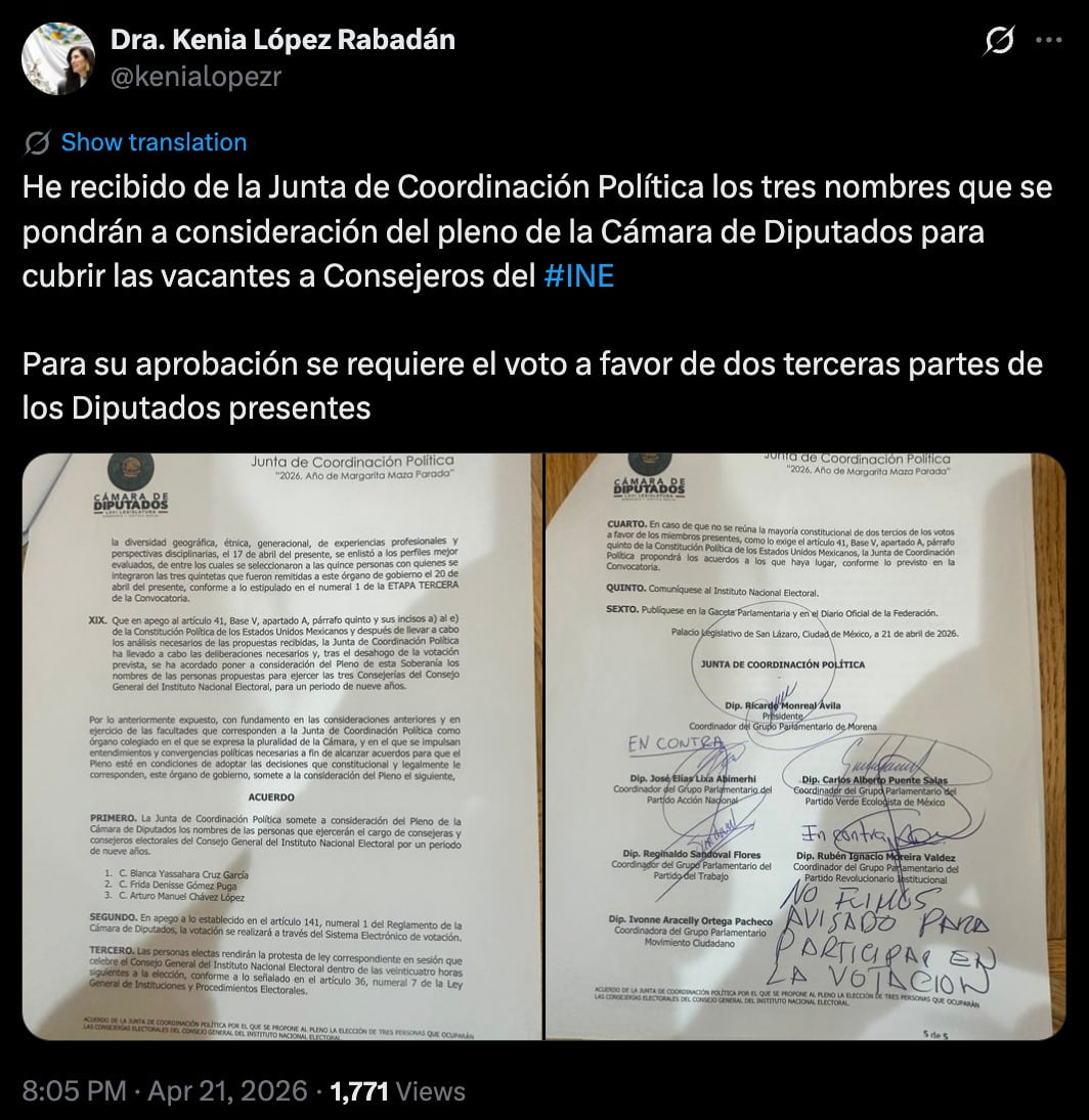 Revelan terna para el INE respaldada por Morena, PT y PVEM