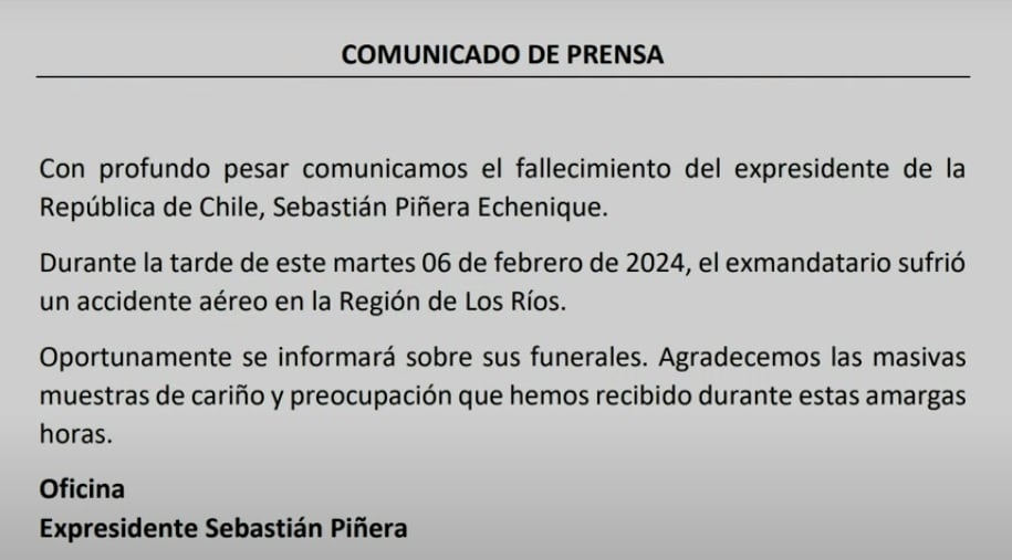 Confirmación de la muerte de Sebastián Piñera