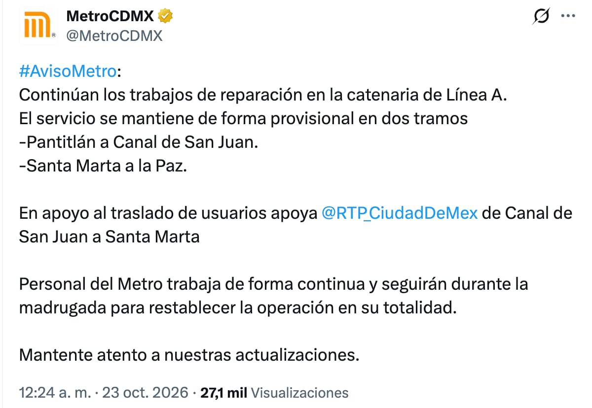 Metro CDMX informa de una ruptura de catenaria en la Línea A