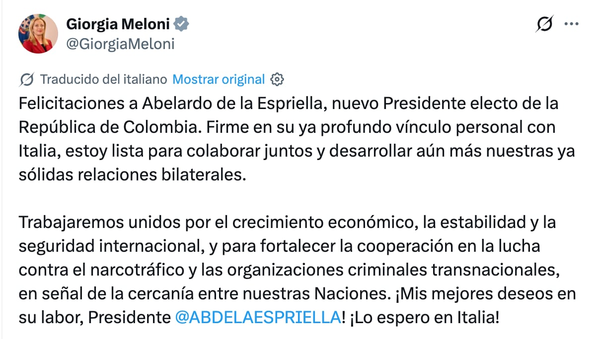 Líderes mundiales felicitan a Abelardo de la Espirella, presidente electo de Colombia
