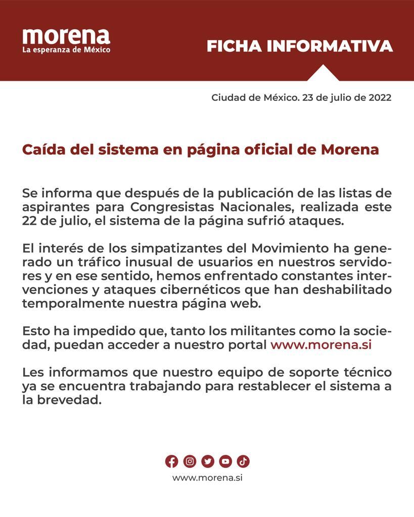 Morena sufre ciberataques luego de publicar las listas de los aspirantes a los Congresistas Nacionales