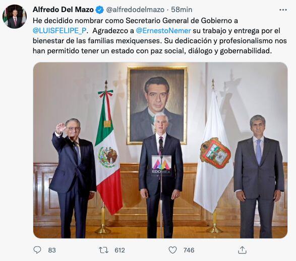 Alfredo del Mazo anuncia salida de Ernesto Nemer Álvarez; se integra Luis Felipe Puente Espinosa como secretario de Gobernación del Estado de México.