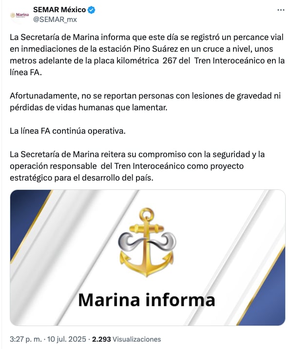 Semar descarta muertes en choque de Tren Interoceánico