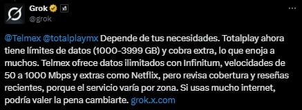 Grok responde a polémica sobre Telmex y Totalplay