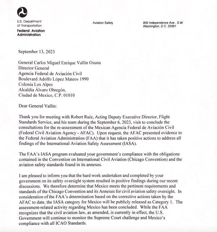 Carta de la FFA a México informa la recuperación de la Categoría 1en aviación civil