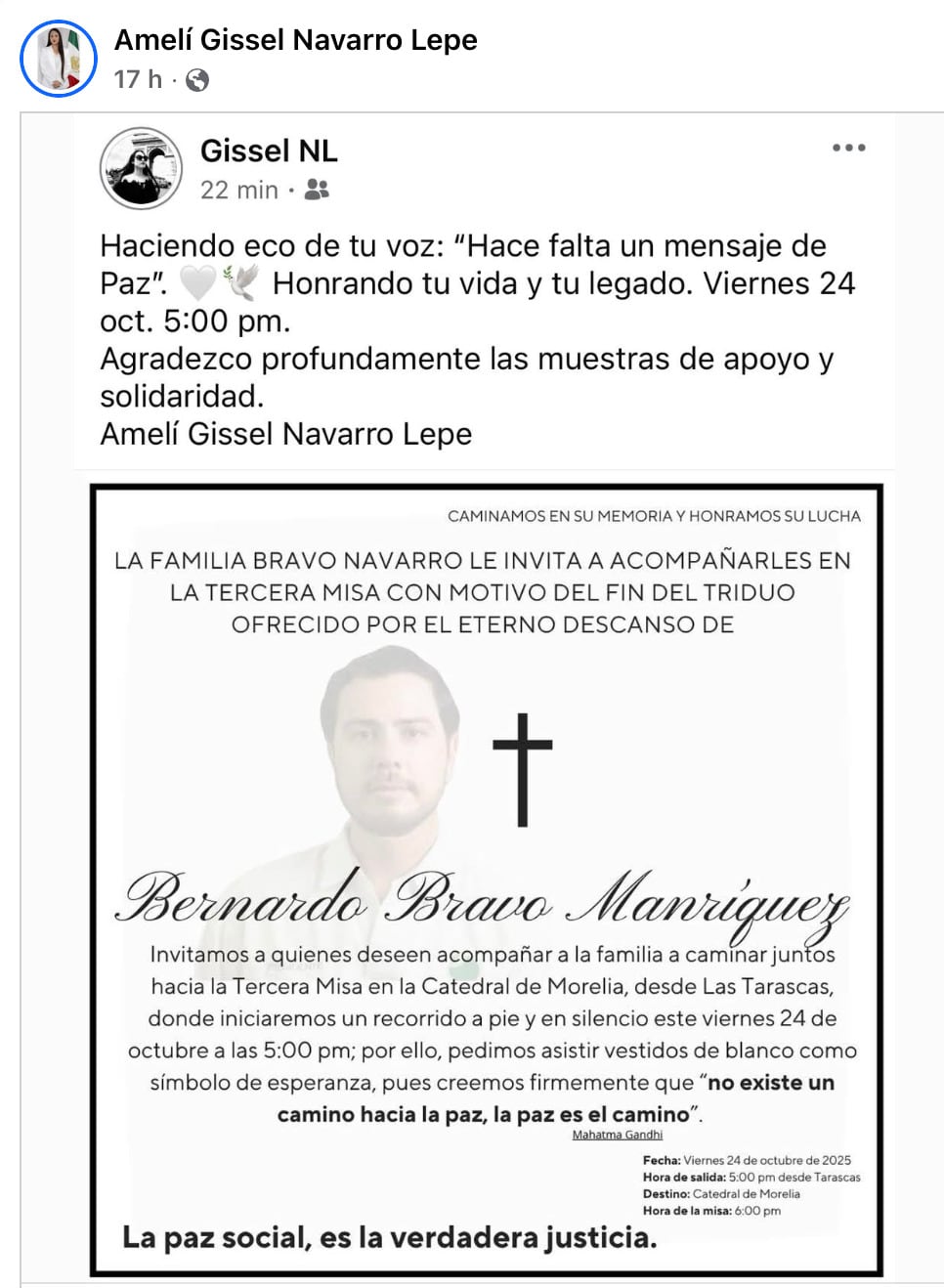 Esposa de Bernardo Bravo convoca a marcha en Morelia
