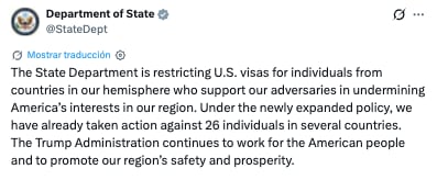 Departamento de Estado de Estados Unidos endurece restricciones de visas