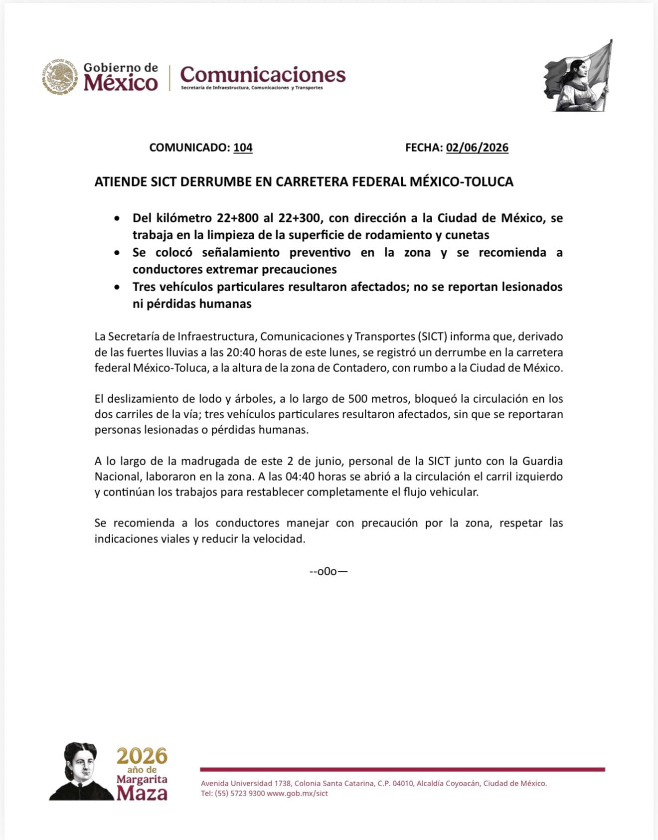 Comunicado de SICT sobre deslave en la carretera México-Toluca.