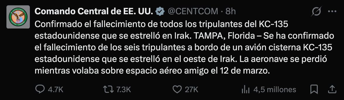 Mueren seis militares de Estados Unidos tras accidente aéreo en Irak