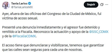 Tania Larios denuncia acoso sexual afuera del Congreso de la CDMX.