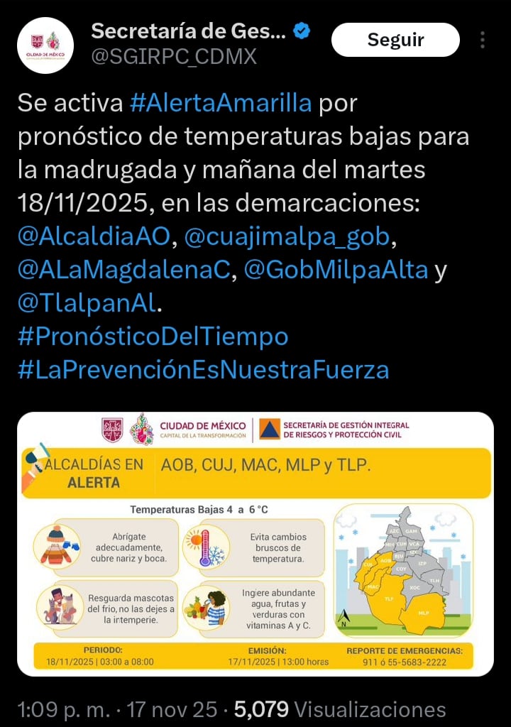 Clima CDMX mañana 18 de noviembre