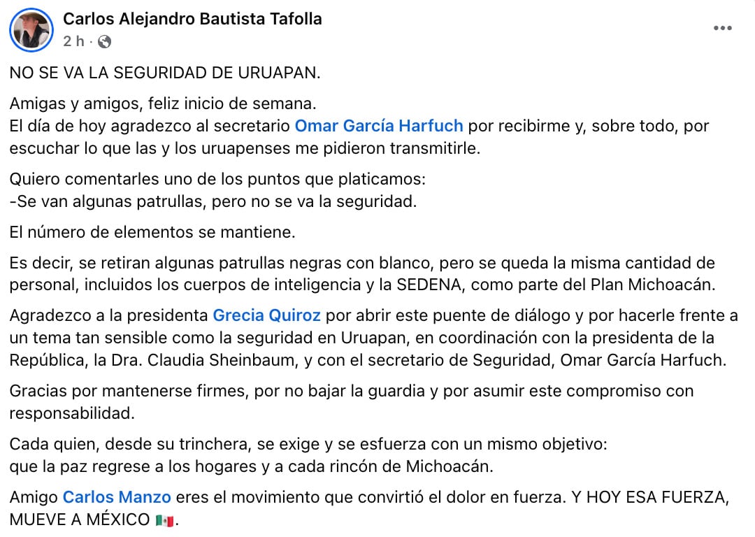Carlos Bautista Tafolla explica ajustes en la seguridad de Uruapan tras retiro de patrullas
