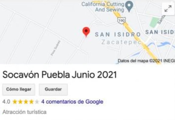 Clasificación del socavón de Puebla en Google Maps