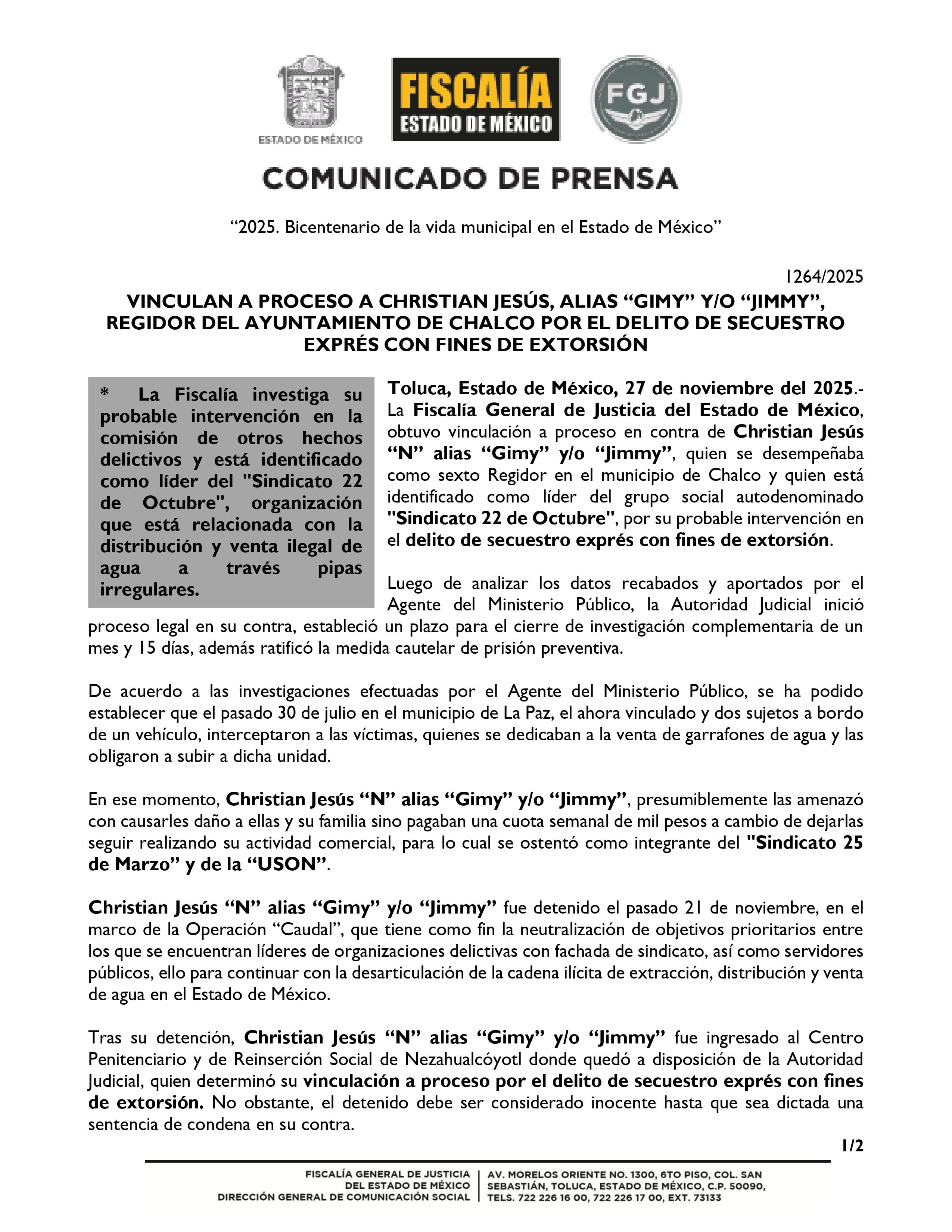 Vinculan a proceso a regidor de Chalco por presunto secuestro exprés y extorsión