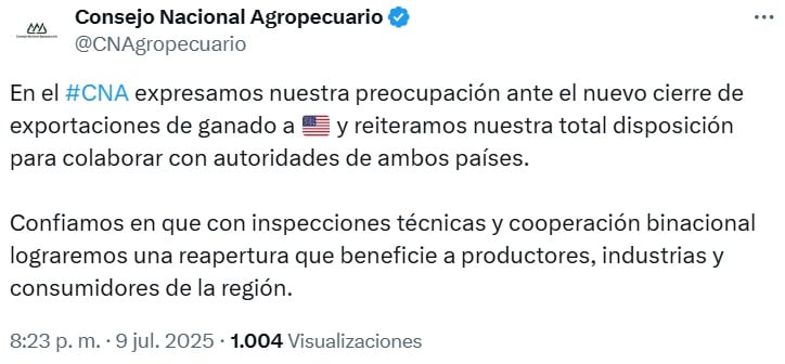 Consejo Nacional Agropecuario se dice preocupado tras cierre de frontera de Estados Unidos al ganado mexicano por gusano barrenador