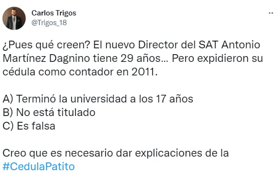 Carlos Trigos dice que la cédula de Antonio Martínez Dagnino, titular del SAT, es falsa