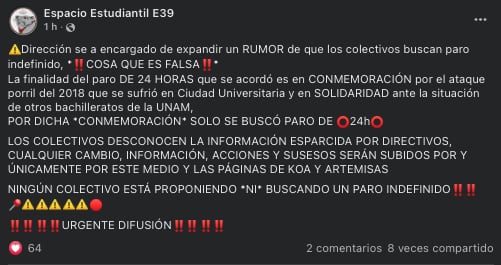Espacio Estudiantil E39 de Prepa 5 de la UNAM plantea un paro de 24 horas/Facebook