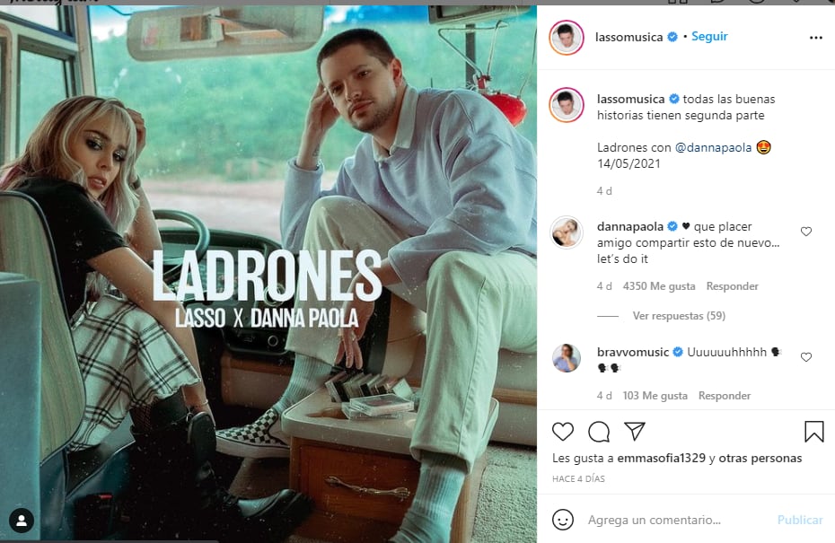 Post de Lasso sobre 'Ladrones', canción con Danna Paola.