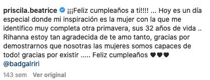 Priscila Beatrice habla sobre Rihanna.