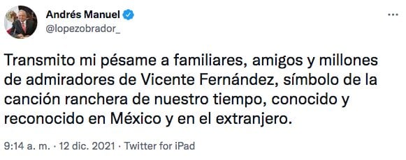 Tuit de AMLO sobre Vicente Fernández
