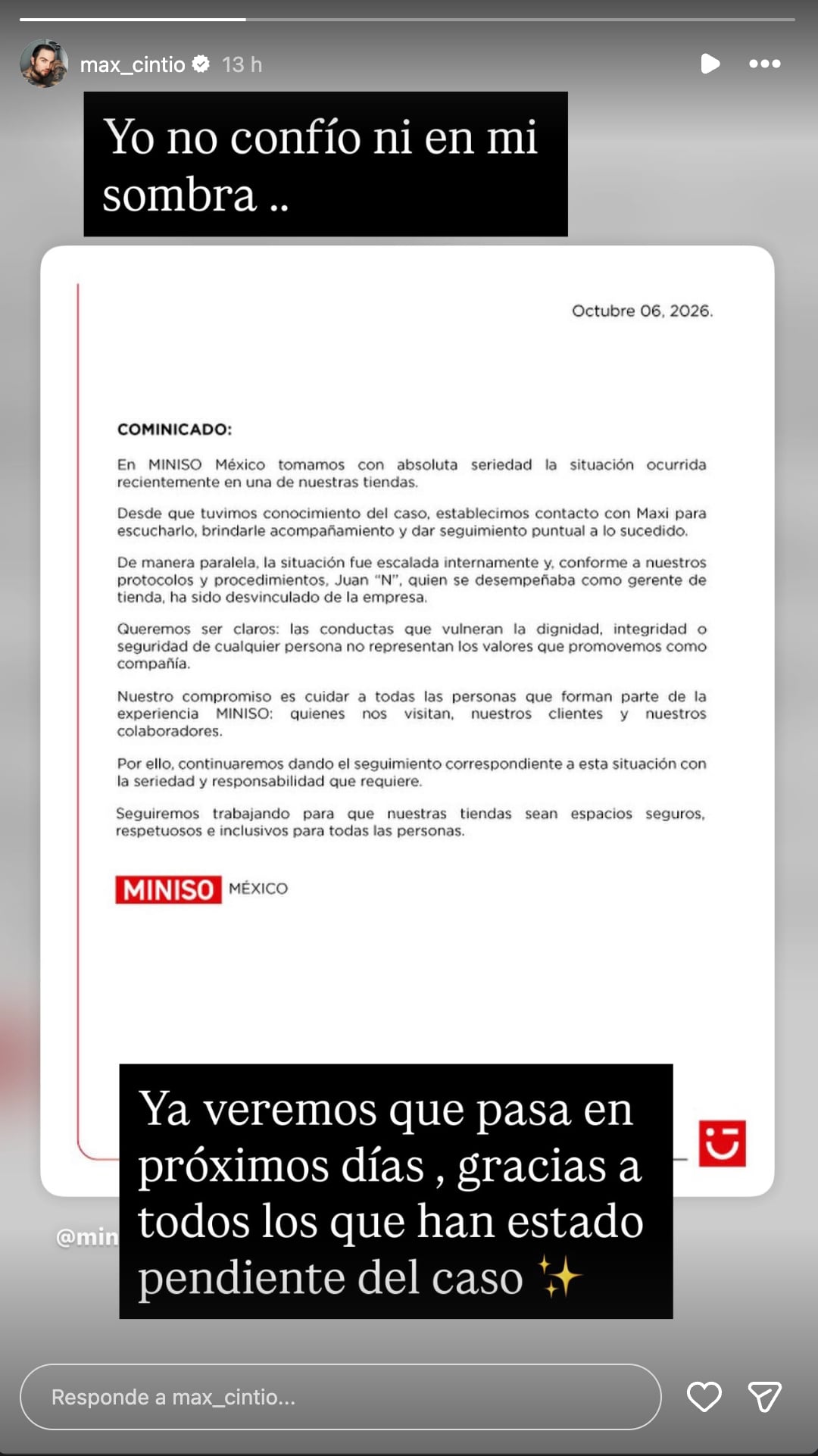 Miniso publicó un comunicado de prensa tras la denuncia de discriminación de Max Cintio