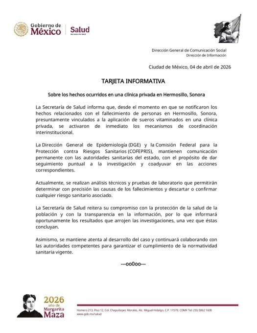 Secretaría de Salud investiga muertes tras uso de suero vitaminado