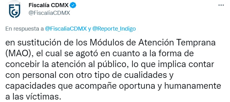 Tuit de la FGJCDMX para explicar despidos de sus trabajadores