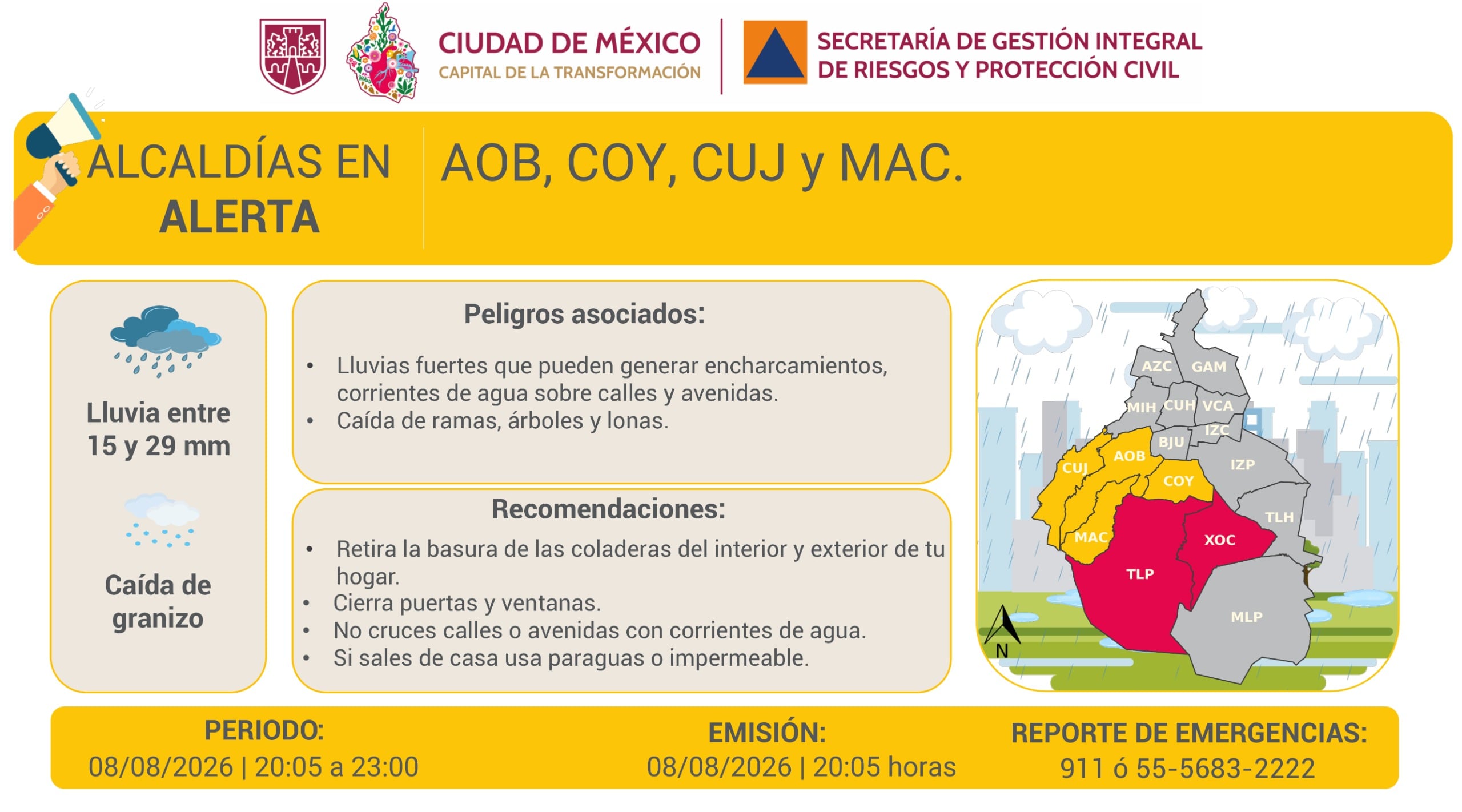 Lluvias activan alerta roja en dos alcaldías de CDMX este 8 de agosto