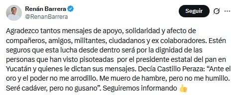 Renán Barrera agradece apoyo tras salir del CEN del PAN.