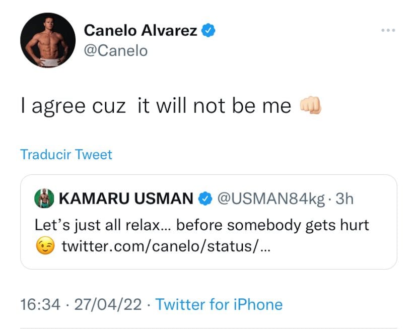 Canelo Álvarez se defiende ante las amenzas de Kamaru Usman sobre hacerle daño.