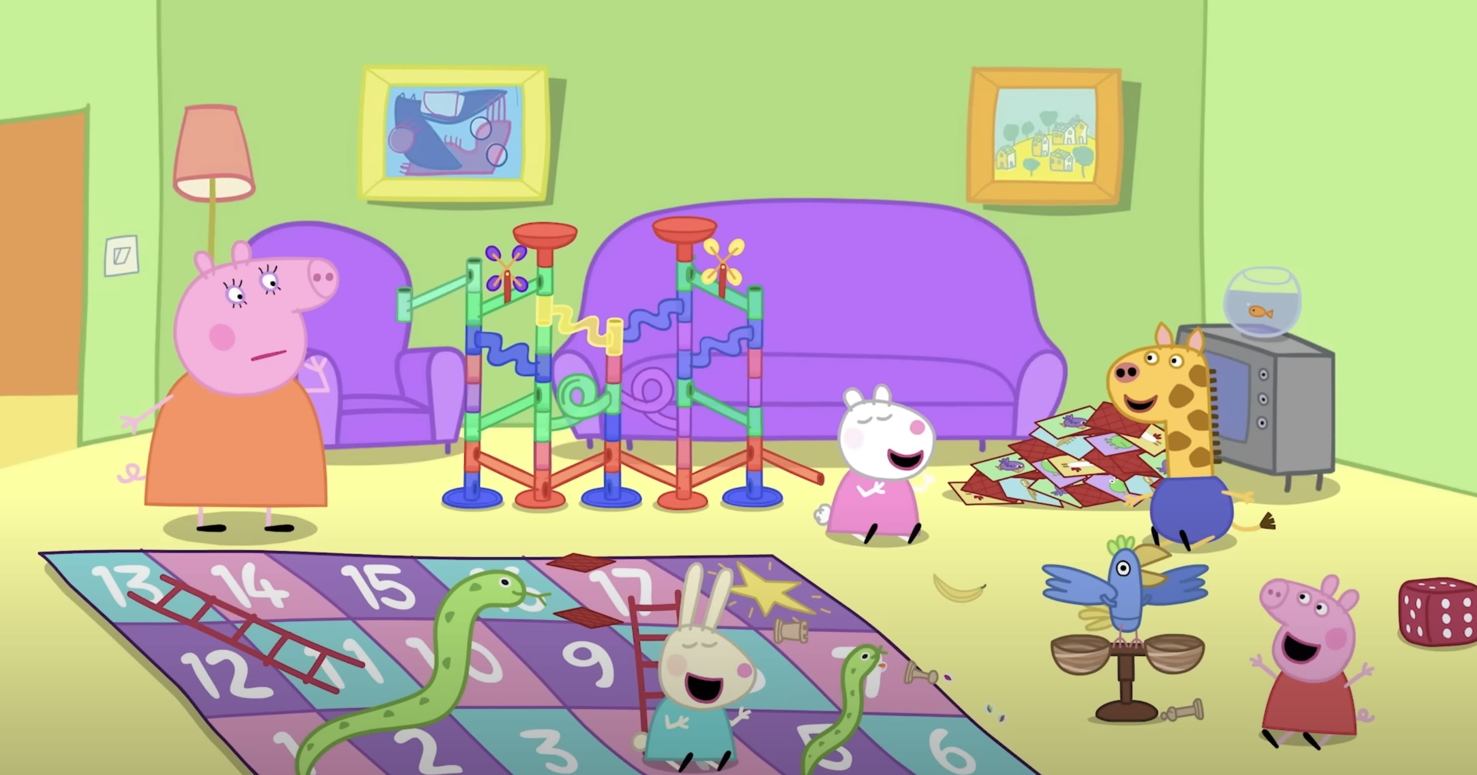 Peppa Pig juega a las serpientes y escaleras