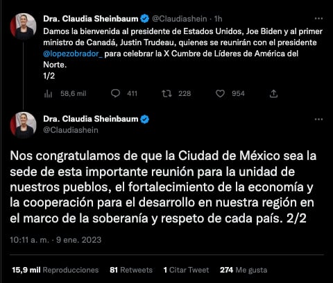 Claudia Sheinbaum da la bienvenida a Joe Biden y Justin Trudeau