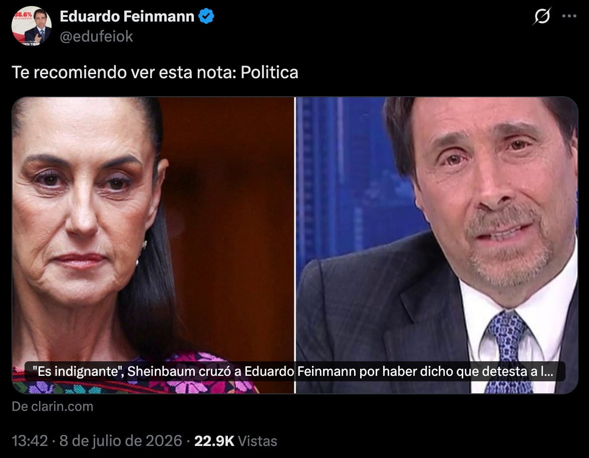Eduardo Feinmann responde a Claudia Sheinbaum tras ser llamado “pseudoperiodista”