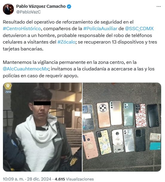 Detienen a hombre por robar celulares en Zócalo