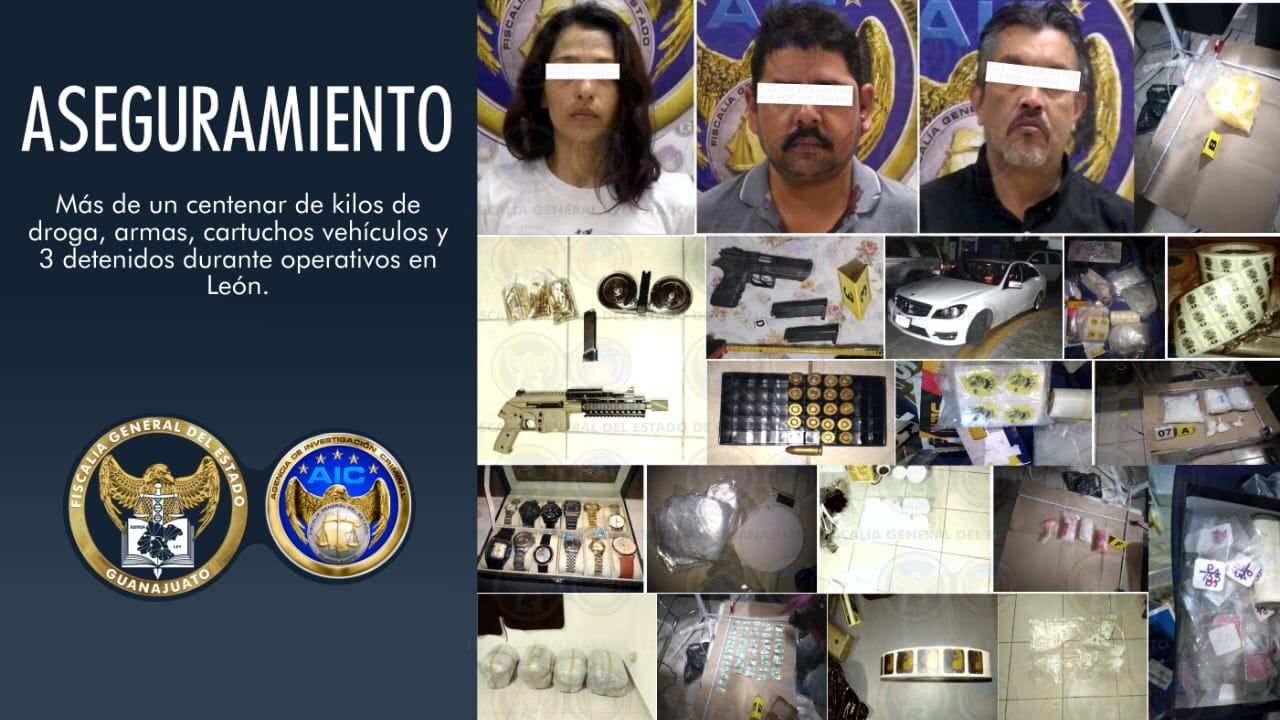 Detienen a 3 personas en Guanajuato con más de 100 kilos de drogas, armas y vehículos