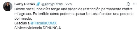 Gaby Platas agradece a la Fiscalía por darle orden de restricción contra su exesposo.