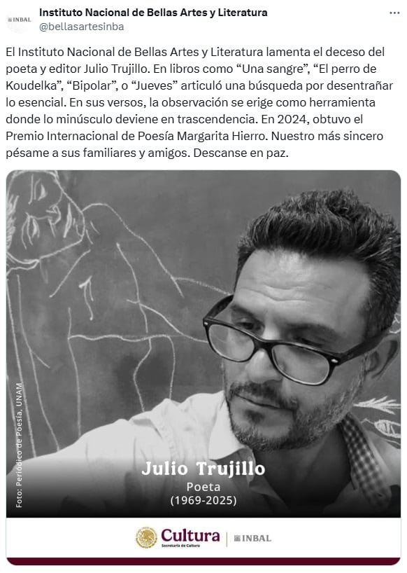 INBAL lamenta muerte del poeta mexicano Julio Trujillo