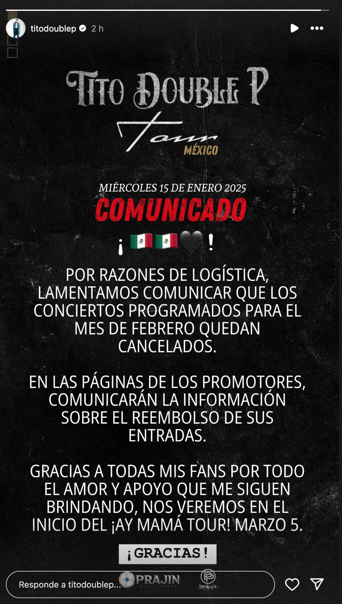 Tito Double P confirma de manera oficial que concierto de la CDMX queda cancelado