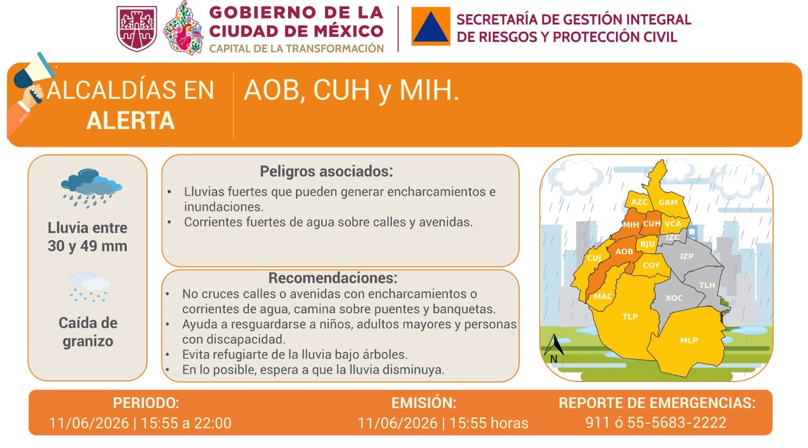 Alerta Naranja por lluvias en tres alcaldías de CDMX