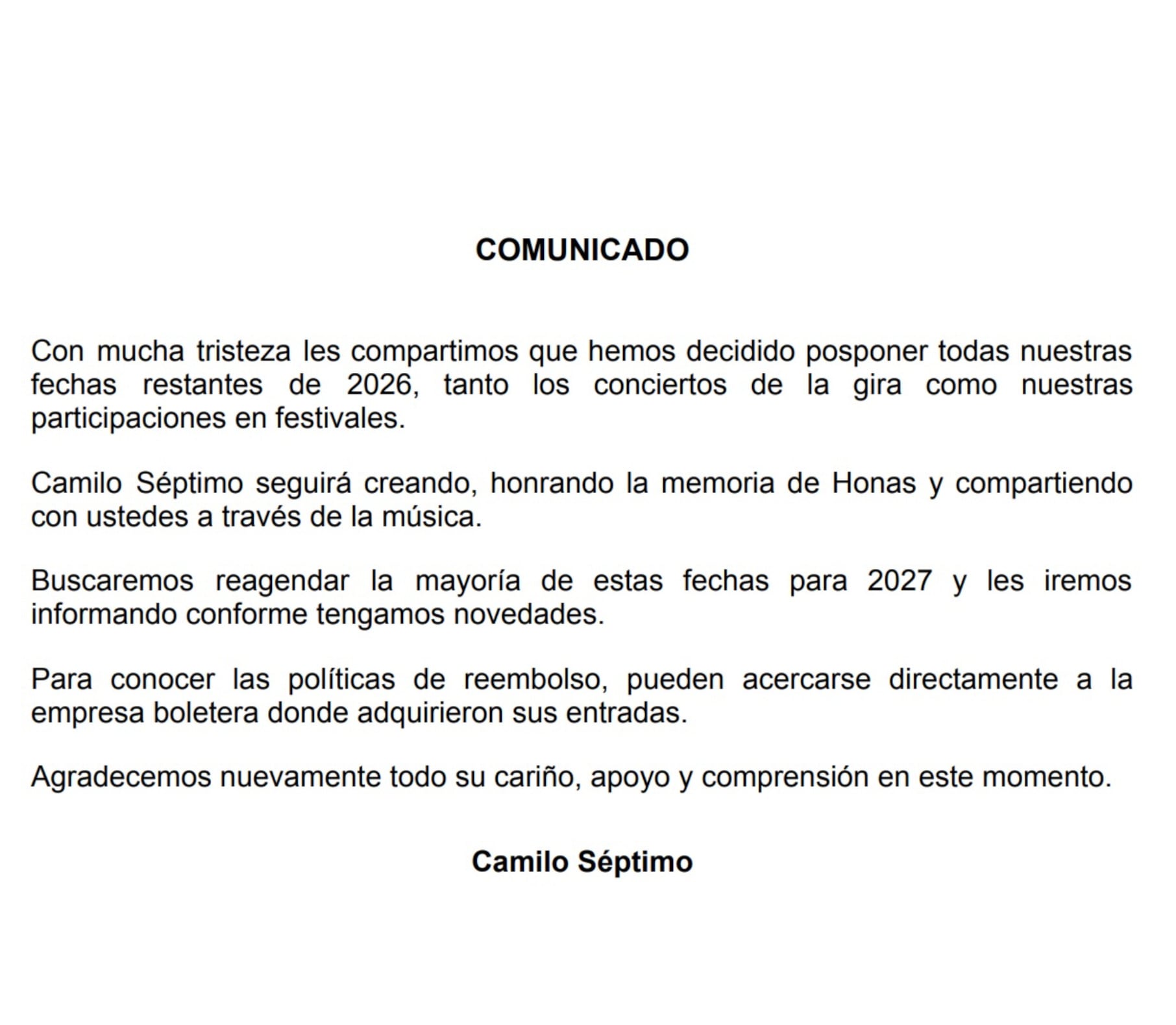 Camilo Séptimo cancela todos sus conciertos del 2026 tras el homicidio de Jonathan Meléndez