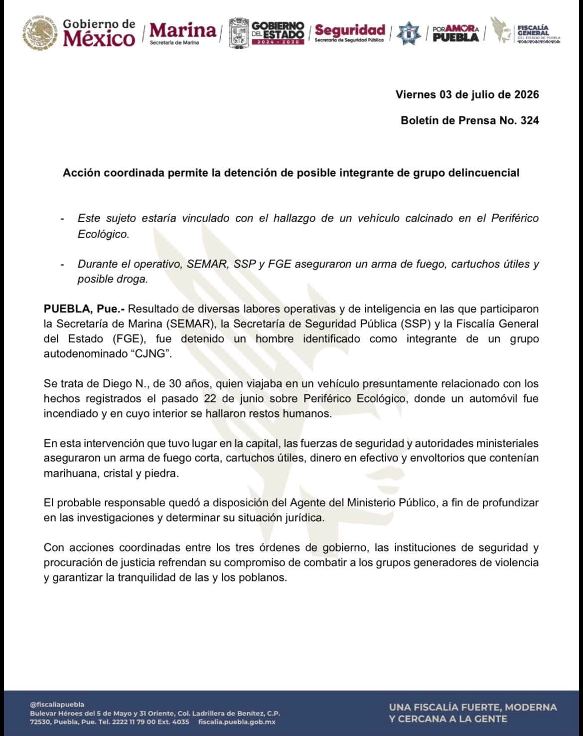 Detienen en Puebla a Diego “N”, presunto integrante del CJNG, por incendio de automóvil con restos
