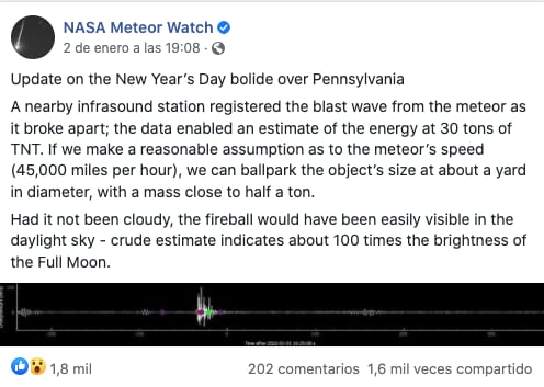 La NASA informa sobre la explosión de un meteorito